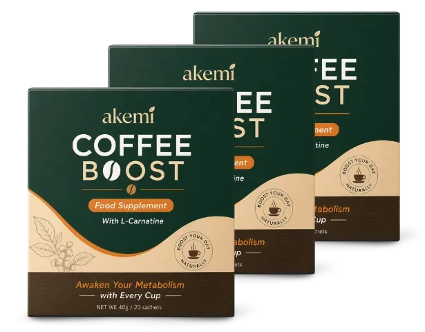 Three boxes of Akemi Coffee Boost, stepped one behind the other