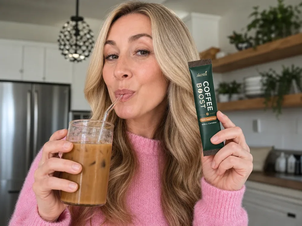 A woman drinking iced coffee through a straw while holding up an Akemi Coffee Boost sachet