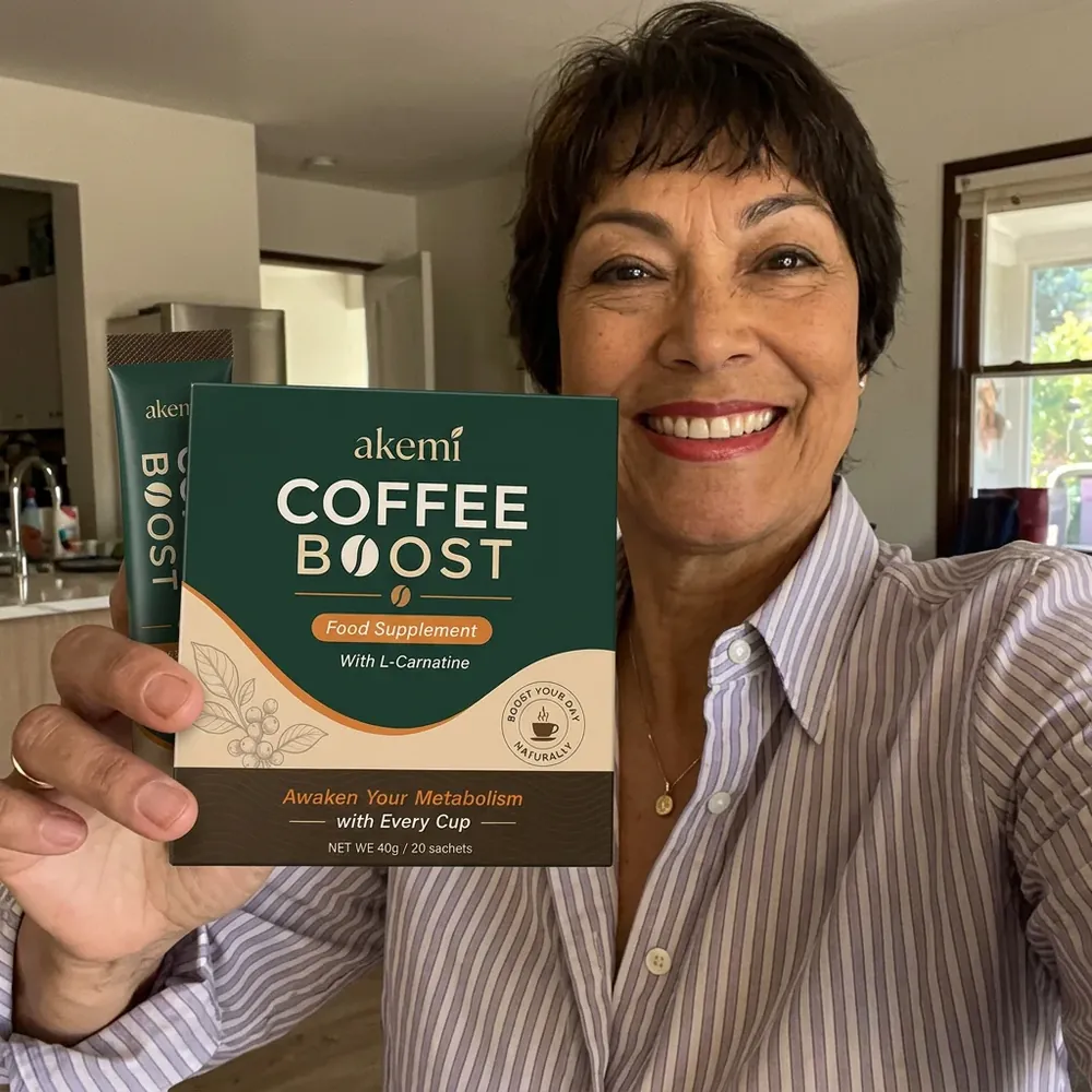 A woman in her kitchen holding up a carton of Akemi Coffee Boost to the camera