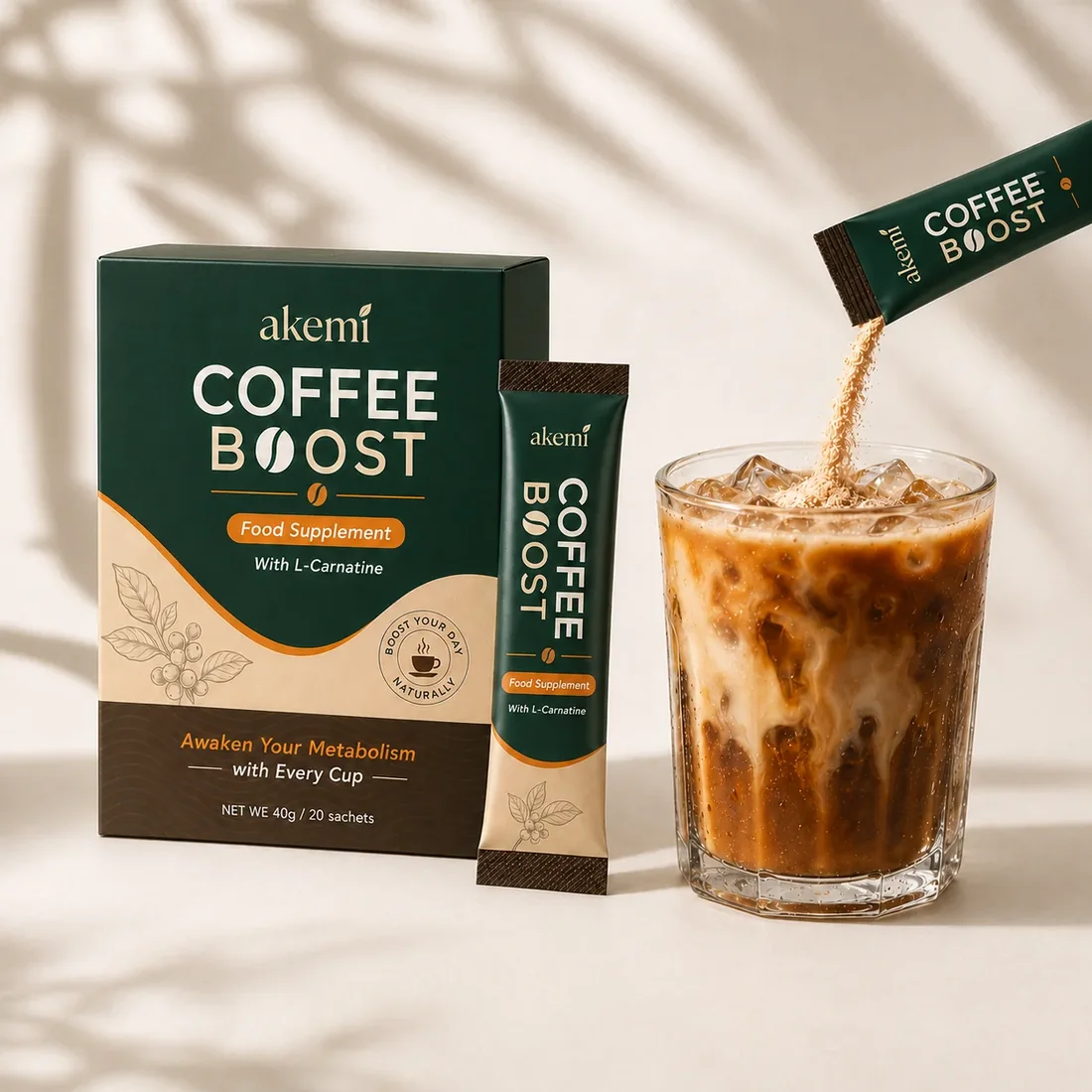 An Akemi Coffee Boost sachet being poured into a tall glass of iced coffee, with the carton and a second sachet beside it