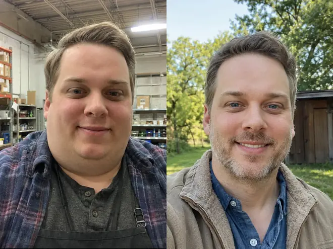 Ryan T. in two side-by-side photographs, one taken indoors in a stockroom wearing a work apron and one outdoors in a garden.